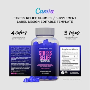 May include: A product label design template for stress relief gummies. The design features a blue bottle with the words "Stress Relief Gummies" and "Dietary Supplement 60 Gummies." The label also includes supplement facts and the text "4 colors" and "3 sizes."