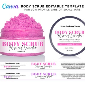 Printable Bath Body Scrub Label for Low Profile Jars, Small Jar Sugar Scrub Label, Soak Salt, Foot Hand Scrub, Editable Template at Canva