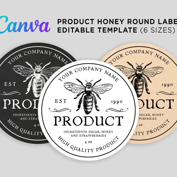 Honey Labels, Homemade Product Label, Mason Jar Labels, Honey Round Sticker, Honey Bee Labels, Honey Jar Round Label Editable Template Canva