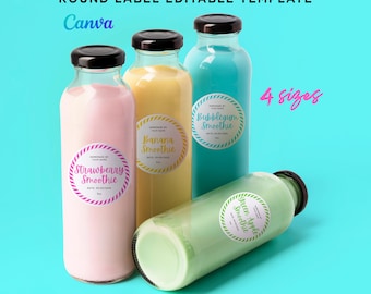 Printable Round Label for Smoothie Flavor, Fruit Juice Label, juice bottle label, Fresh Juice Label, Bottle Label Editable Template at Canva