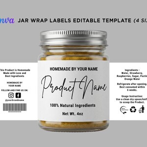 Editable Canva white jar wrap label template shown on a glass jar mockup and flat layout view.