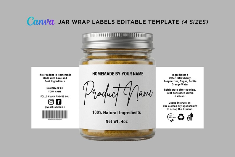 Editable Canva white jar wrap label template shown on a glass jar mockup and flat layout view.