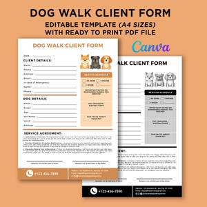Printable Dog Walk Client Form, Dog Walk Service Dog information, Dog Walking Service Form, Editable Template at Canva, PDF Ready to Print