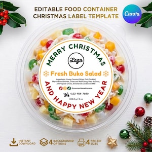 May include: A round, clear plastic food container filled with Buko salad, featuring a circular label that reads Merry Christmas and Happy New Year, Fresh Buko Salad, ingredients, social media icons, a phone number, and 226.8 g / 8 oz.