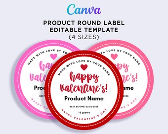 Happy Valentine's Round Label Stickers, Valentine's Gift Tags, Valentine's Cake Labels, Valentine's Chocolate Labels Editable Template Canva