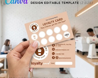 Coffeeshop-klantenkaart bewerkbare canva-sjabloon, aanpasbare Cafe Rewards-ponskaart, Instant Download (digitaal product)
