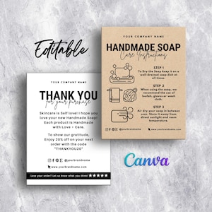 Handmade Soap Care Card, Handmade Soap Care Instructions, How to use Handmade Soap, Custom Soap, Handmade Soap Card Editable Template Canva