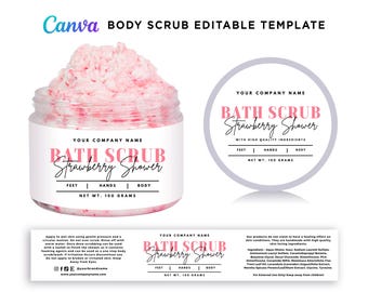 Bath Scrub Wrap Label Designs, Sugar Scrub Labels, Bath Body Scrub Round Stickers, Handmade Bath Scrub Wrap Labels Editable Template Canva