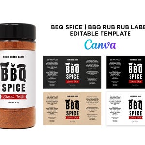 Printable BBQ Spice Wrap Label Design, Barbeque Rub 8oz, 6oz, 4oz BBQ Spice Jar, Barbeque Bottle. BBQ Rub Label. Editable Template at Canva.