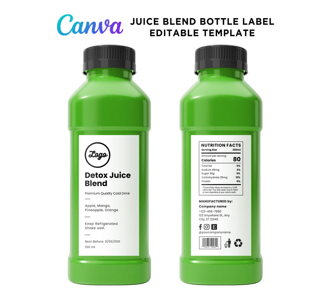 Detox Juice Blend Labels, Cold Press Drinks Bottle, 2 Oz Juice Bottle ...