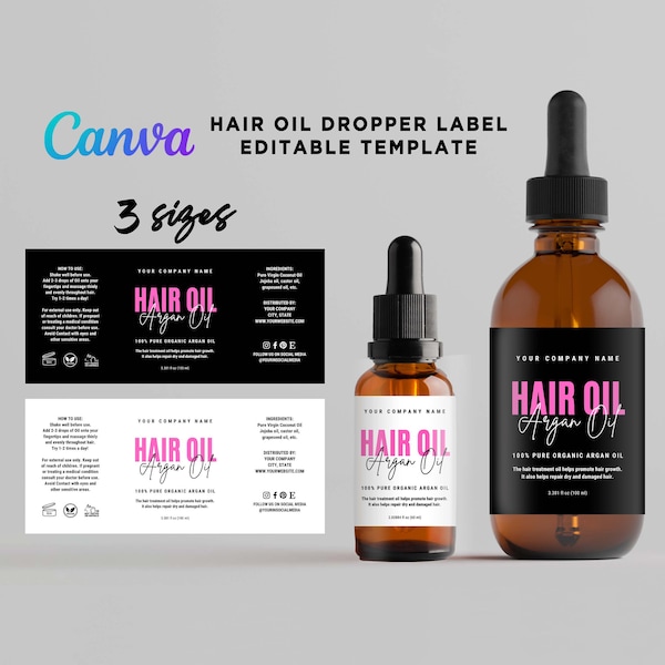 Printable Hair Oil Labels, Hair Dropper, Hair Growth Oil Labels, Hair Product Labels, Bottle Dropper for Hair Oil Editable Template Canva