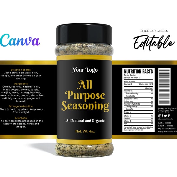 Printable Wrap Label for Spice, Seasoning. 8oz, 5oz, 4oz Spice Clear Bottle. Spice Label Sticker. Editable Template Personalize Canva.