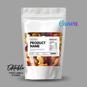 Etiquetas de alimentos, etiqueta de lanche, etiqueta de embalagem de bolsa, etiquetas liofilizadas, etiquetas de amendoim, etiqueta de embalagem de alimentos, modelo de alimentos editável Canva