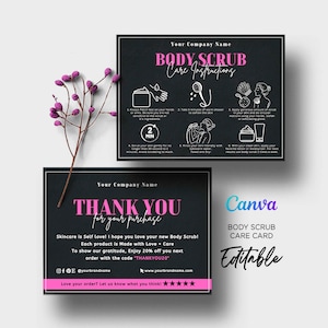 Cartão de instruções para esfoliação corporal, instruções para banho esfoliante, como usar esfoliação corporal, esfoliação corporal para banho, cartão de agradecimento, modelo editável Canva