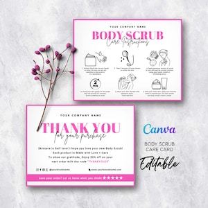 Body Scrub Instruction Guide, Bath Scrub Care Card, How to Use Body Scrub, Thank You Card Bath Body Scrub Care Card Editable Template Canva