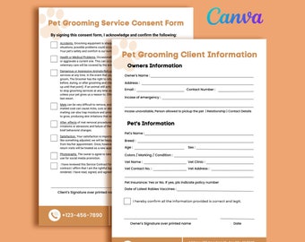 Printable Pet Grooming Business Forms, Pet Grooming Salon Forms, Pet Grooming Consent Forms, Pet Grooming Service Forms Editable Canva