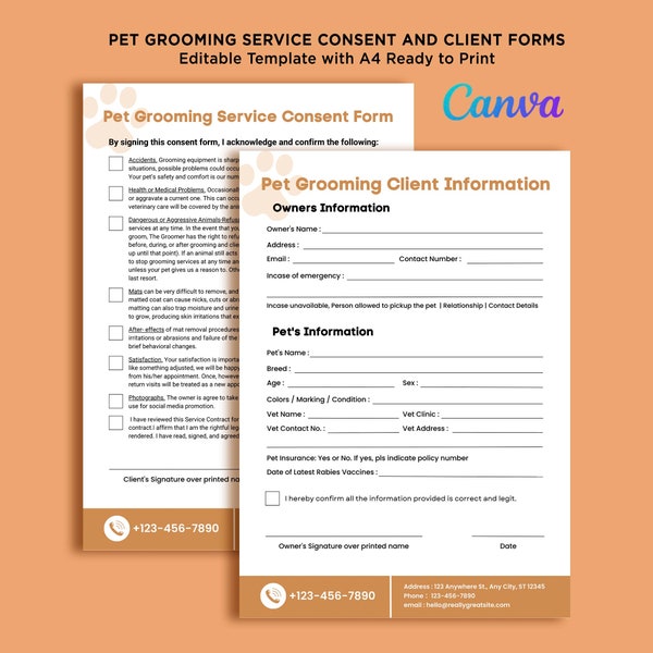 Printable Pet Grooming Business Forms, Pet Grooming Salon Forms, Pet Grooming Consent Forms, Pet Grooming Service Forms Editable Canva