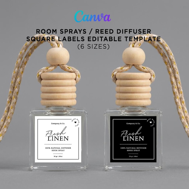 Custom minimalist square labels for car hanging diffusers and room sprays, editable Canva template mockups in 6 sizes.