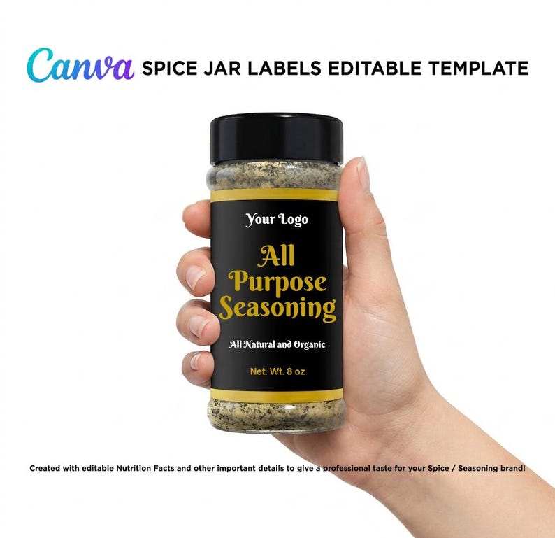 Hand holding an all-purpose seasoning spice jar mockup featuring a luxury black and gold label template created for Canva.