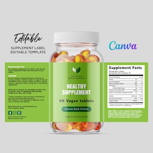 May include: A clear supplement bottle with a white lid, filled with yellow capsules. The label reads "Healthy Supplement" with "90 Vegan tablets" and "Immune Boost Formula." Includes supplement facts and a "Canva" logo.