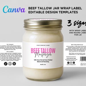 May include: A glass jar with a gold lid and a white label that reads "BEEF TALLOW Moisturizer." The label also states "100% Grass Fed and Grass Finished." The jar is filled with a creamy substance. The image includes text about the product and its use.
