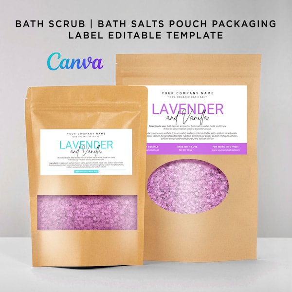 Printable Bath Salts Label, Stand up Pouch Packaging, Sugar Scrub Labels, Bath Soak Salts Label, Foot Hand Scrub, Editable Template in Canva