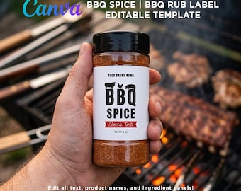 Druckbares BBQ Gewürz Etikett Design, Barbeque Rub 8oz, 6oz, 4oz BBQ Gewürzglas, Barbeque Flasche. Handgemacht. Bearbeitbare Vorlage auf Canva.