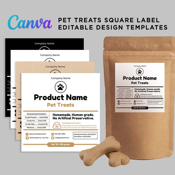 Pet Food Label, Dog Treats Packaging, Pet Treats Pouch Packaging, Dog Biscuits, Dog Food Label, Pet Treat Labels Editable Template Canva