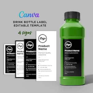 Pode incluir: Uma garrafa de bebida verde com tampa preta e rótulo preto. O rótulo diz "Product Name" e "Premium Quality Cold Drink". A imagem também mostra quatro modelos de rótulos com o texto "Canva" e "DRINK BOTTLE LABEL EDITABLE TEMPLATE."