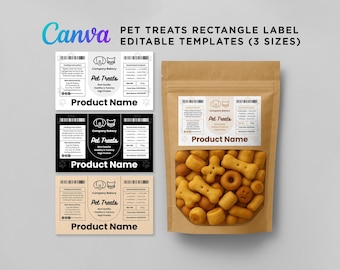 Rectangle Pet Treats Pouch Packaging, Pet Food Labels, Dog Cat Treats Label, Dog Biscuits, Pet Treat Sticker Design Editable Template Canva