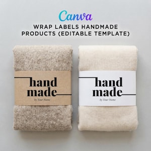 Two folded handmade scarves on a light grey background, one wrapped with a kraft paper label and one with a white paper label, both featuring "hand made" text and an editable "by Your Name" section.
