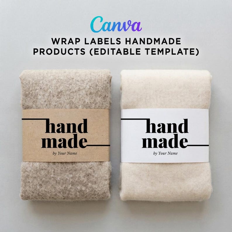 Two folded handmade scarves on a light grey background, one wrapped with a kraft paper label and one with a white paper label, both featuring "hand made" text and an editable "by Your Name" section.