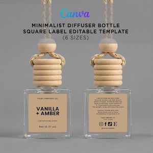 May include: Two square glass car diffuser bottles with light wood caps and hanging cords. The labels feature black text reading Vanilla + Amber, 8ml (0.27 oz), and instructions. The top text reads Minimalist Diffuser Bottle Square Label Editable Template.