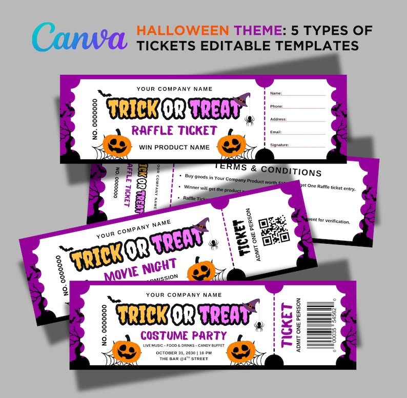 Spooktactular Raffle 5 Types of Halloween Ticket Template Bundle: Costume Party, Movie ...