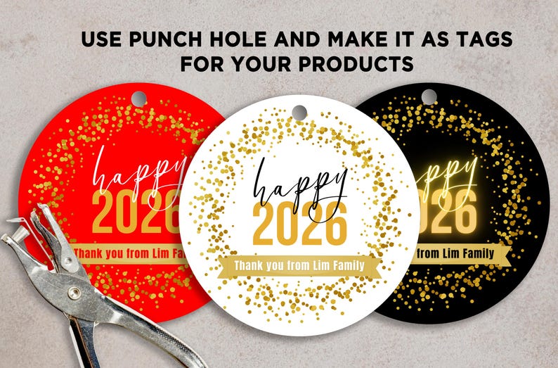 Happy New Year 2026 Round Label Canva Template, Custom Family Name ...