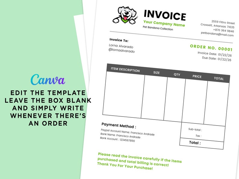 Printable Dog Bandana Business Invoice Form Pet Bandana Etsy