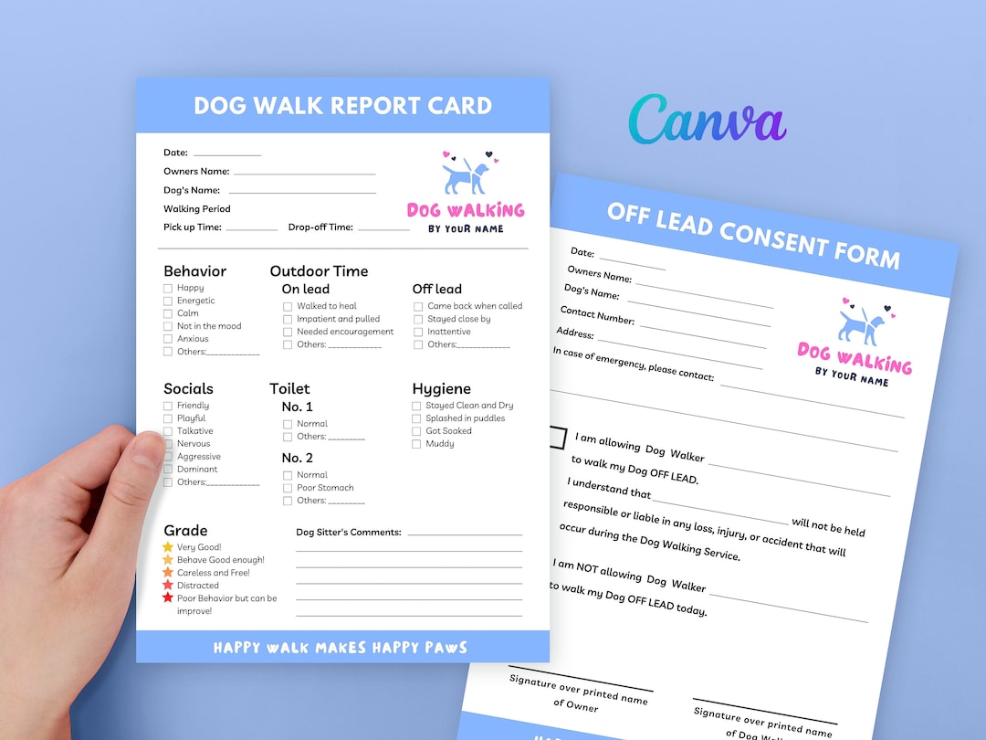 Printable Dog Walking Report Card, Dog Walk Service Report Card, Dog