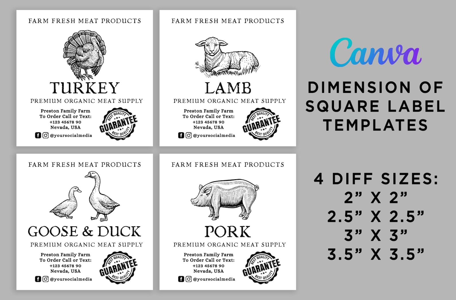 Farm Fresh Meat Label Template: Editable Square Canva Labels (digital ...