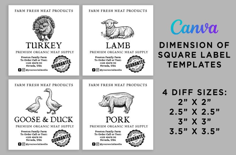 Farm Fresh Meat Label Template: Editable Square Canva Labels (digital ...