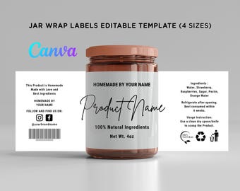 Printable Jar Wrap Around Labels, Mason Jar Labels, Container Jar Labels, Canning Jar Wrap Labels, Jam Jar Labels Template Editable at Canva