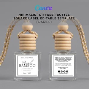 May include: Two square glass diffuser bottles with light wood caps and hanging cords. The front label reads Fresh Bamboo, 8ml / 0.27. The back label provides usage instructions, caution warnings, and social media icons for Your Company Co.