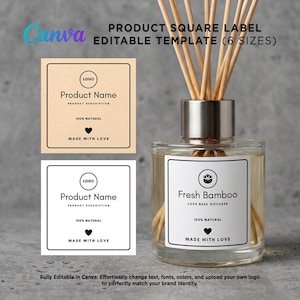 Puede incluir: Un difusor de varillas de vidrio transparente con tapa plateada y varillas de madera, con una etiqueta cuadrada blanca con texto negro Fresh Bamboo, Luxe Reed Diffuser, 100% Natural, Made With Love y dos plantillas de etiquetas editables.