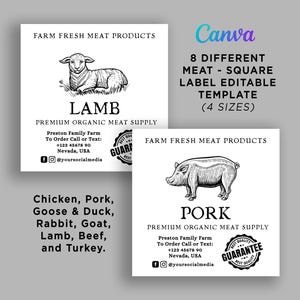 May include: Square label templates for meat products, featuring illustrations of a lamb and a pig. The labels include text such as "Lamb" and "Pork", and "Farm Fresh Meat Products". The Canva logo is visible.