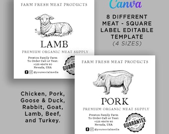 Farm Fresh Meat Label Template: Editable Square Canva Labels (Digital Download)