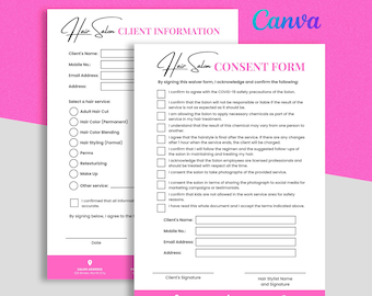 Printable Hair Salon Consent Form, Hair Salon Service Form, Hair Salon Client Information Form, Hair Salon Designs Editable Template Canva