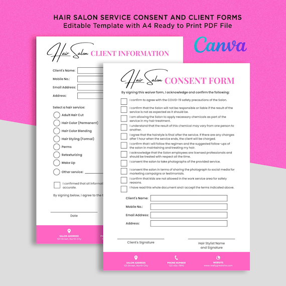 Printable Hair Salon Consent Form, Hair Salon Service Form, Hair Salon Client Information Form, Hair Salon Designs Editable Template Canva