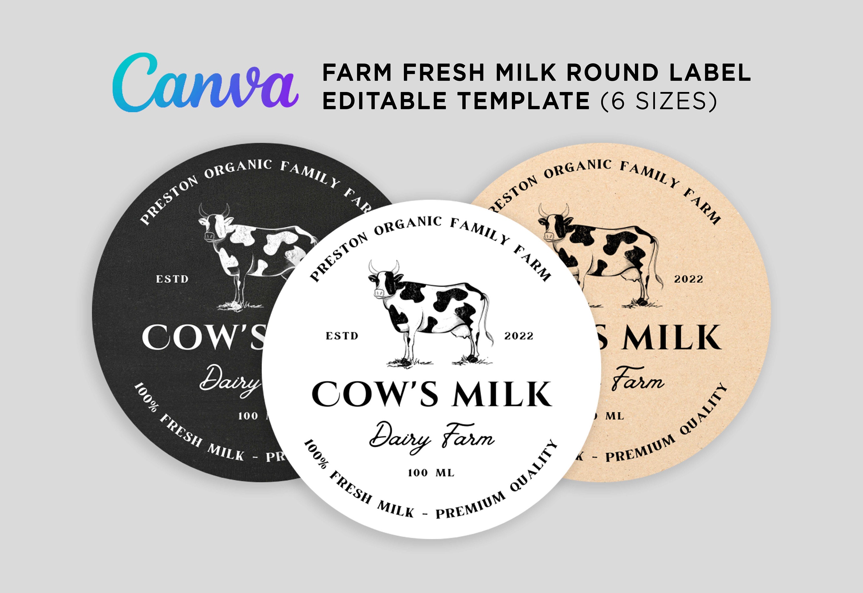 Cow's Milk Label, Milk Labels, Cow Printables, Fresh Milk Labels, Milk Bottle Labels, Cows Milk Label, Dairy Label Editable Template Canva