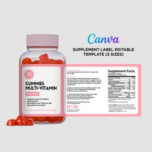 Puede incluir: Una botella rosa con una etiqueta que dice "Gummies Multi-Vitamin Sabor a Fruta Roja" y enumera los beneficios de las gomitas. La botella está llena de gomitas rojas. La etiqueta también incluye una sección de información nutricional con información sobre los ingredientes y el valor nutricional.