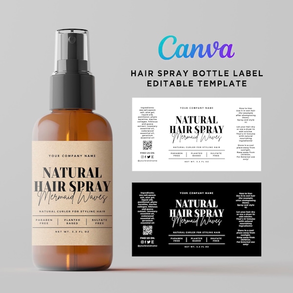 Hair Spray Design Labels, Hair Bottle Spray Label, Hair Care Spray Sticker, Hair Oil Spray, Natural Hair Spray Label Editable Template Canva