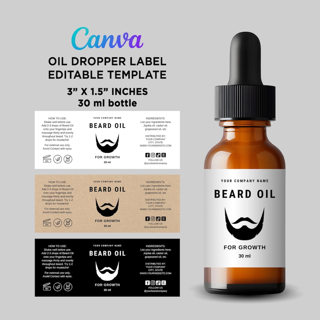 Editable Beard Oil Label Template Canva, Men's Grooming Product Label ...